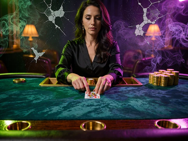 Baccarat-dealer vender et kort ved et petroleumsgr&oslash;nt bord i en d&aelig;mpet live casino-lounge