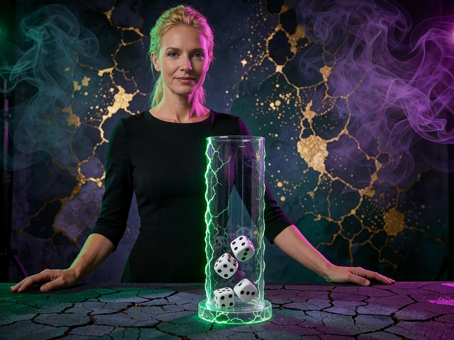 V&aelig;rt ved et terninget&aring;rn i glas med gr&oslash;nne lyn, inspireret af live-spillet Lightning Dice