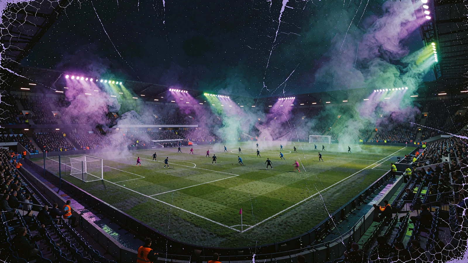 Fodboldstadion om natten med violette og gr&oslash;nne projekt&oslash;rstr&aring;ler over banen, motiv til Jokery sportsbook