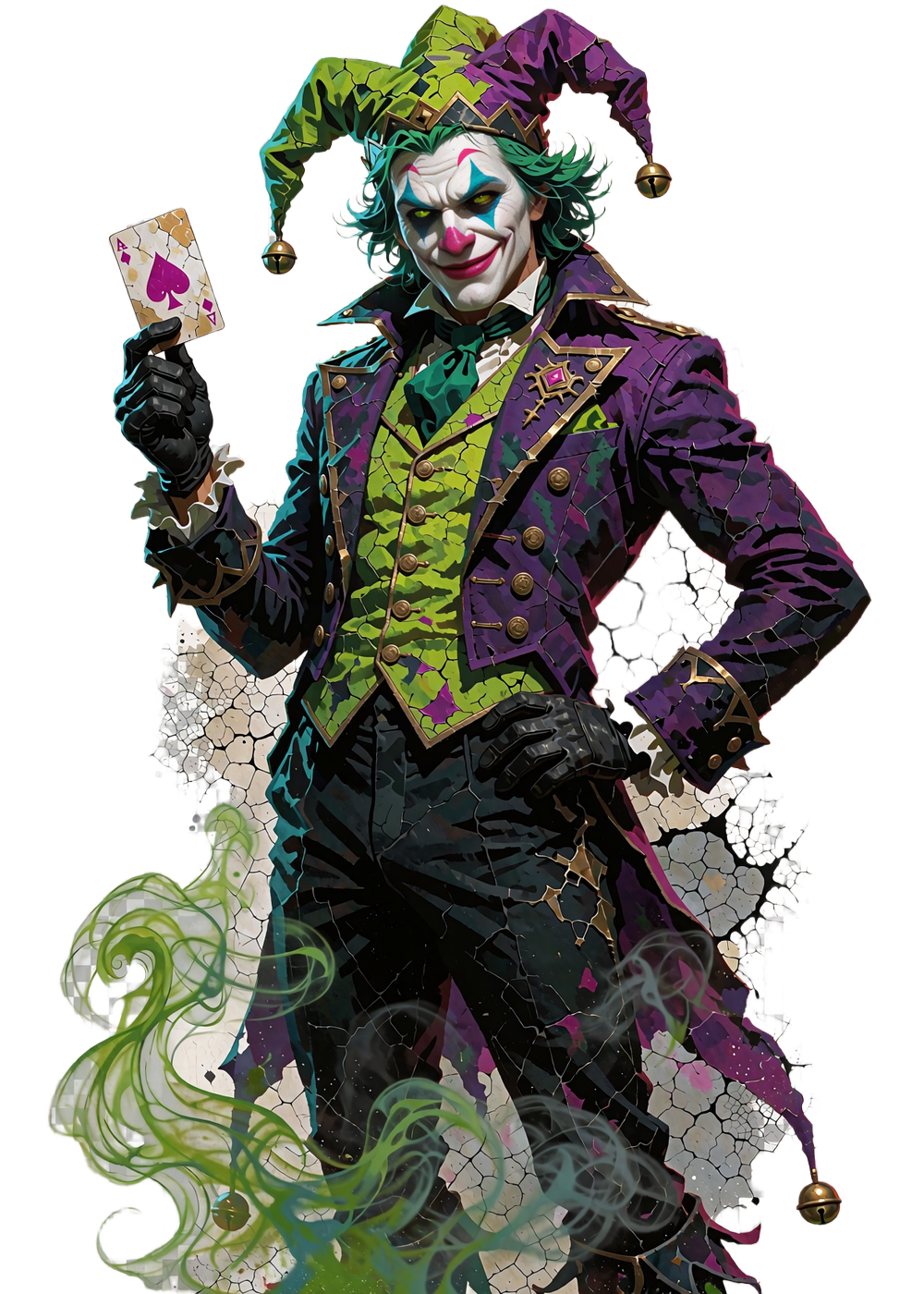 Jokery-maskotten i fuld figur med gr&oslash;nt h&aring;r, klovnemakeup og bredt grin, der tipper et spillekort