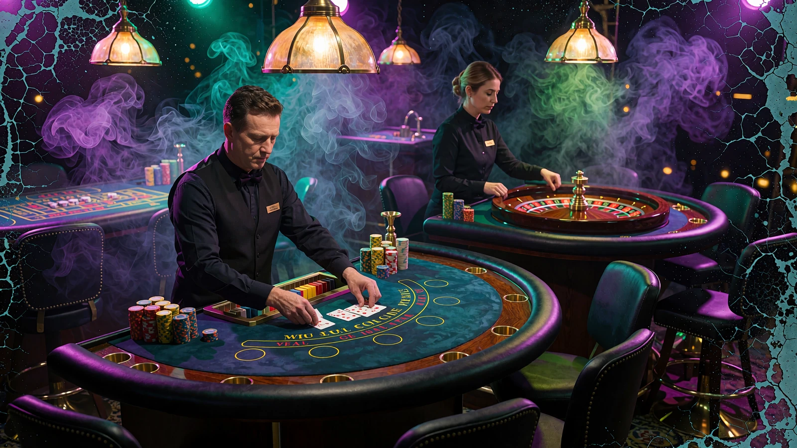 Live casino-studie med dealer ved blackjackbord og croupier ved roulettehjul i lilla og gr&oslash;n t&aring;ge hos Jokery
