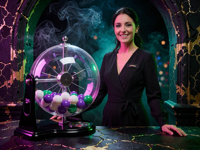 Gameshow-v&aelig;rt ved en gennemsigtig kugletromle fyldt med farvede kugler i et live bingo-show