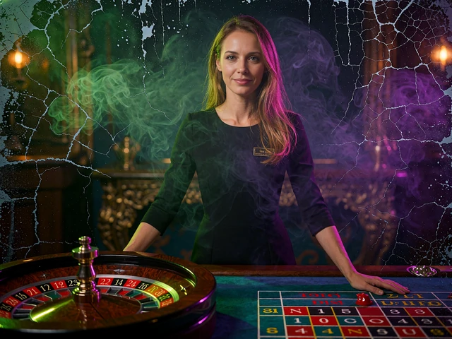 Smilende croupier ved et live roulettebord med roulettehjul i forgrunden hos Jokery live casino