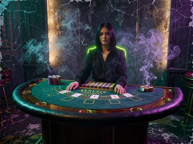 Live blackjack-dealer ved et gr&oslash;nt halvrundt bord med kort og jetoner i lilla og guld